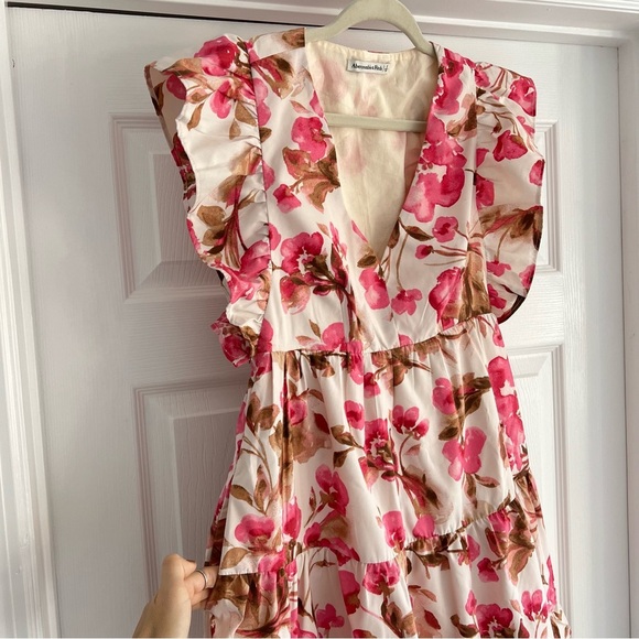 ABERCROMBIE & FITCH Floral Ruffle Tiered Mini Dress Pink Small - Picture 5 of 11